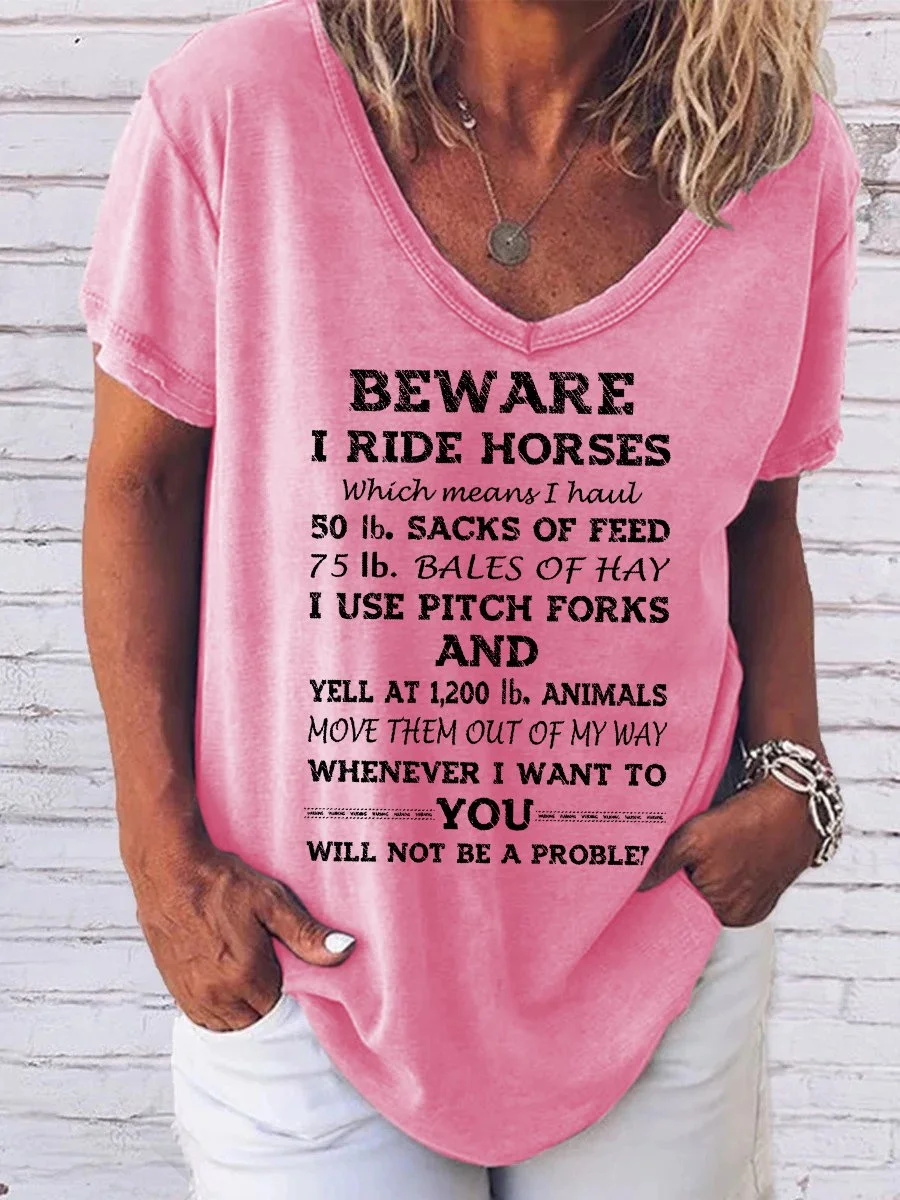 Funny Words Beware I Ride Horses Tee