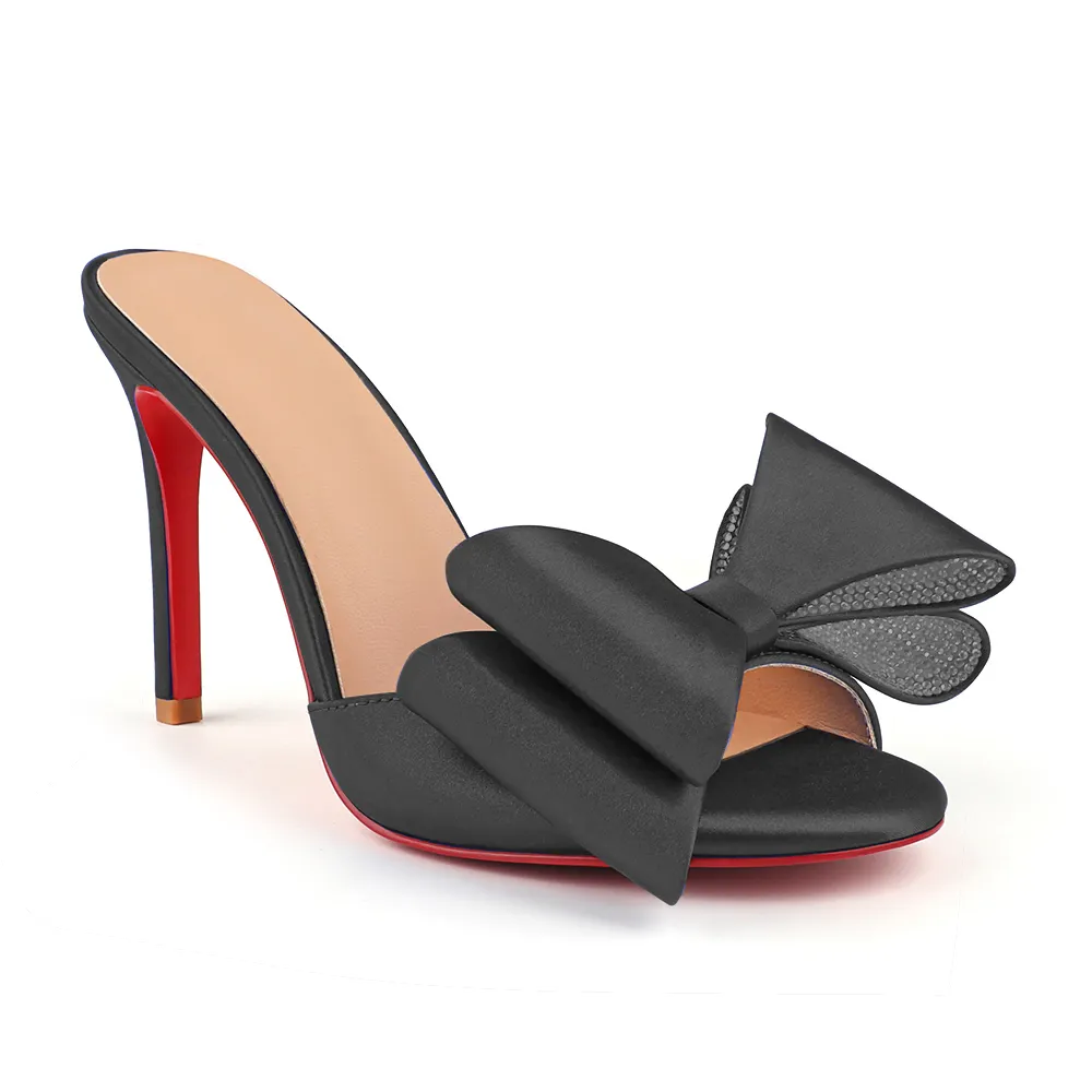 100mm/3.94 Inch Women's High Heel Mules Rhinestone Bowknot Backless Stiletto Heel Slippers Sexy Summer Heeled Red Bottom Sandals-vocosishoes