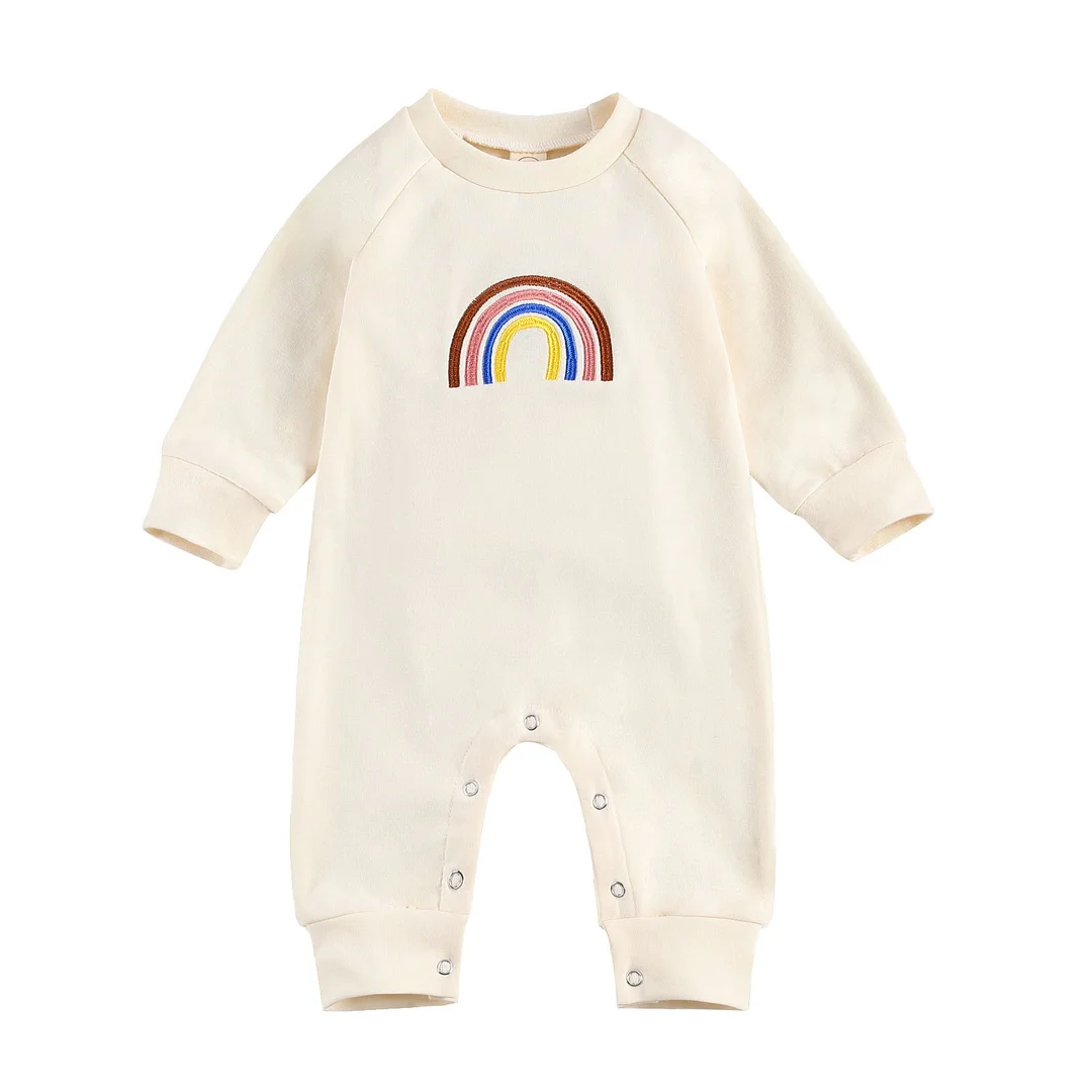 Infant Newborn Baby Girls Boys Rainbow Embroidery Romper Long Sleeve Jumpsuits Casual One Piece Spring Autumn Outfits