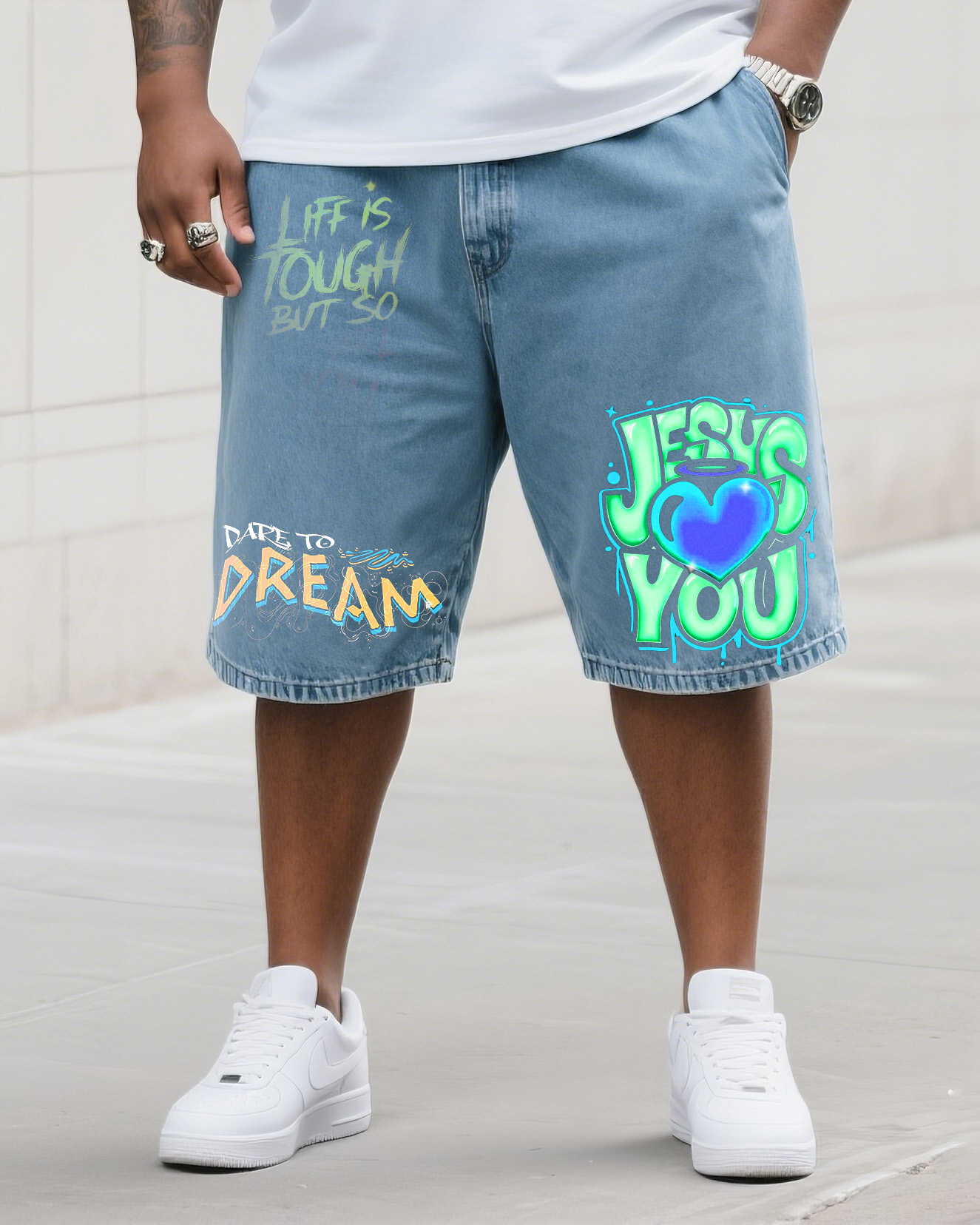 Plus Size Men's Fashion Graffiti Creative Print Shorts Jeans