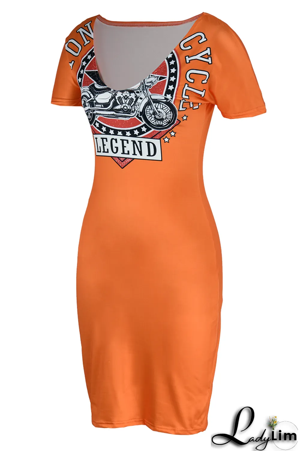 Tangerine Red Fashion Print Patchwork V Neck Pencil Skirt Dresses