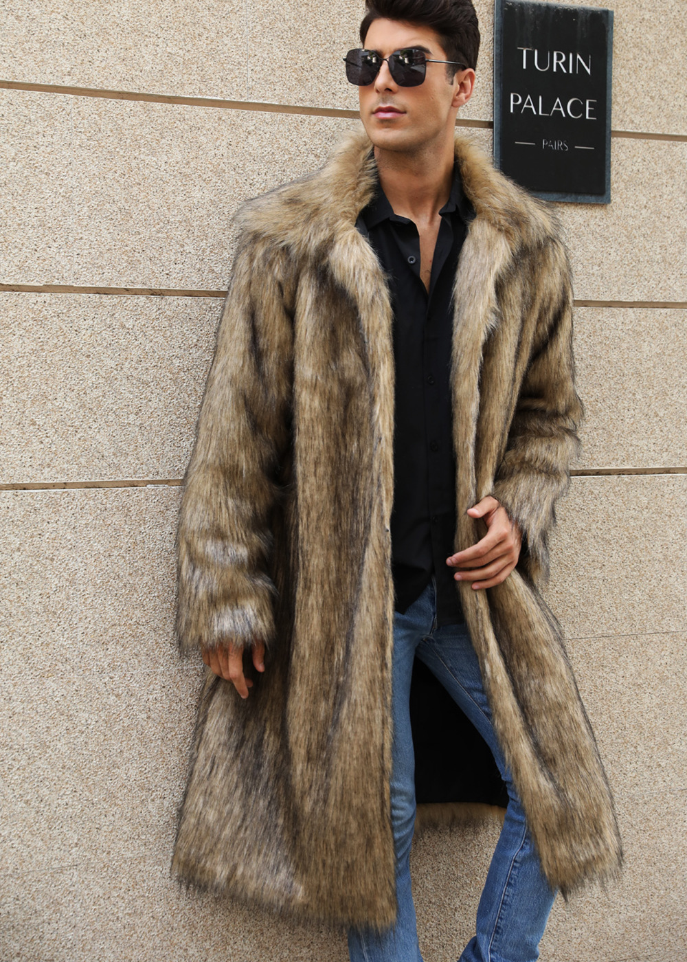 Men's Square Collar Fur Long Coat