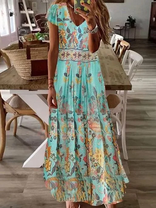 Casual V Neck Short Sleeve Cotton Dresses | EGEMISS