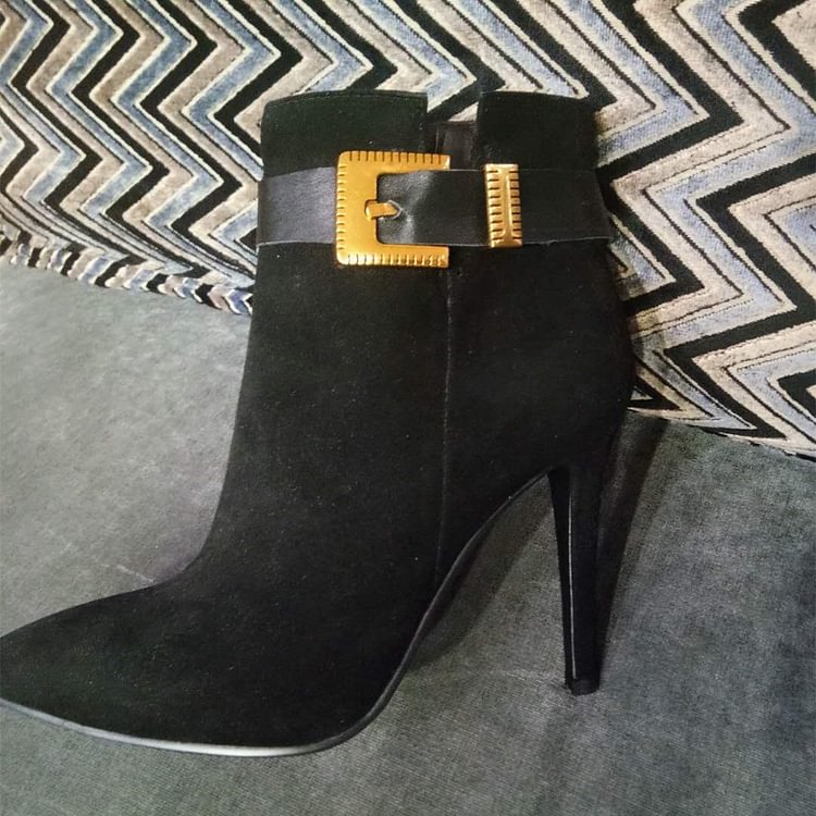 Black Suede Buckle Stiletto Heels Ankle Booties |FSJ Shoes