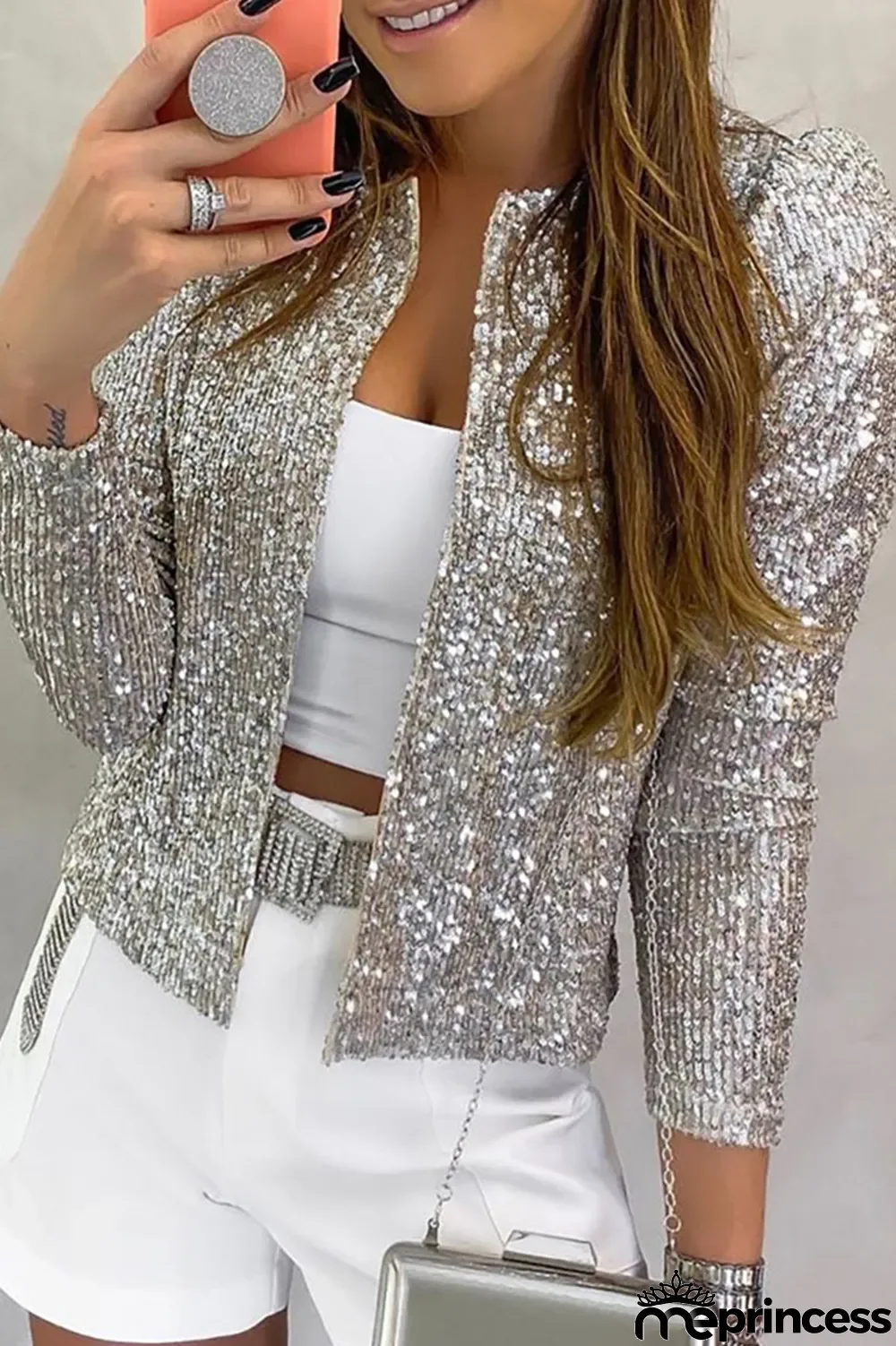 Champagne Fashion Solid Sequins Patchwork O Neck Outerwear