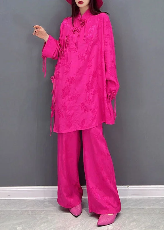 Rose Jacquard Silk Long Tops And Wide Leg Pants Two Pieces Set Stand Collar Long Sleeve