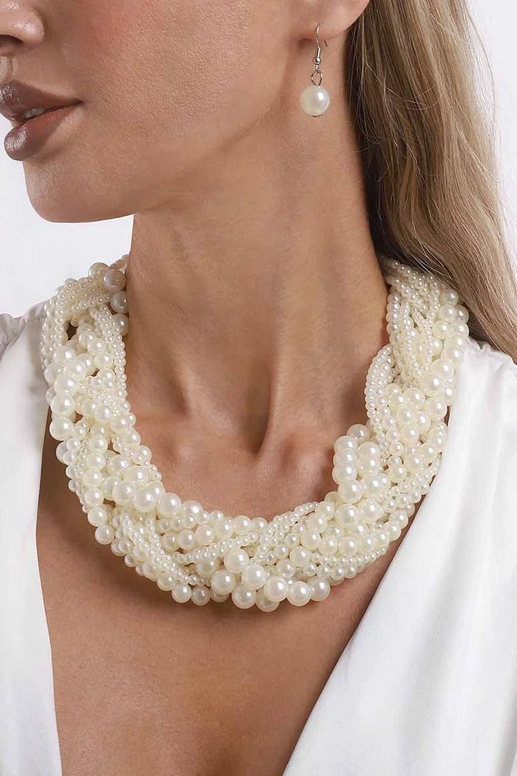 Elegant White Multi-Layered Pearl Stacked Necklace Earrings Jewelry Set 2024 - Xpluswear