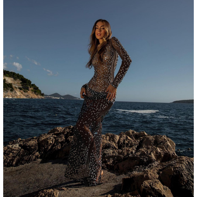 Ootddress Glitter Female Cover up Maxi Dress Mesh See-Through Split Fashion Long Sleeve Slim Sexy Beach Cover up Dress For Women New