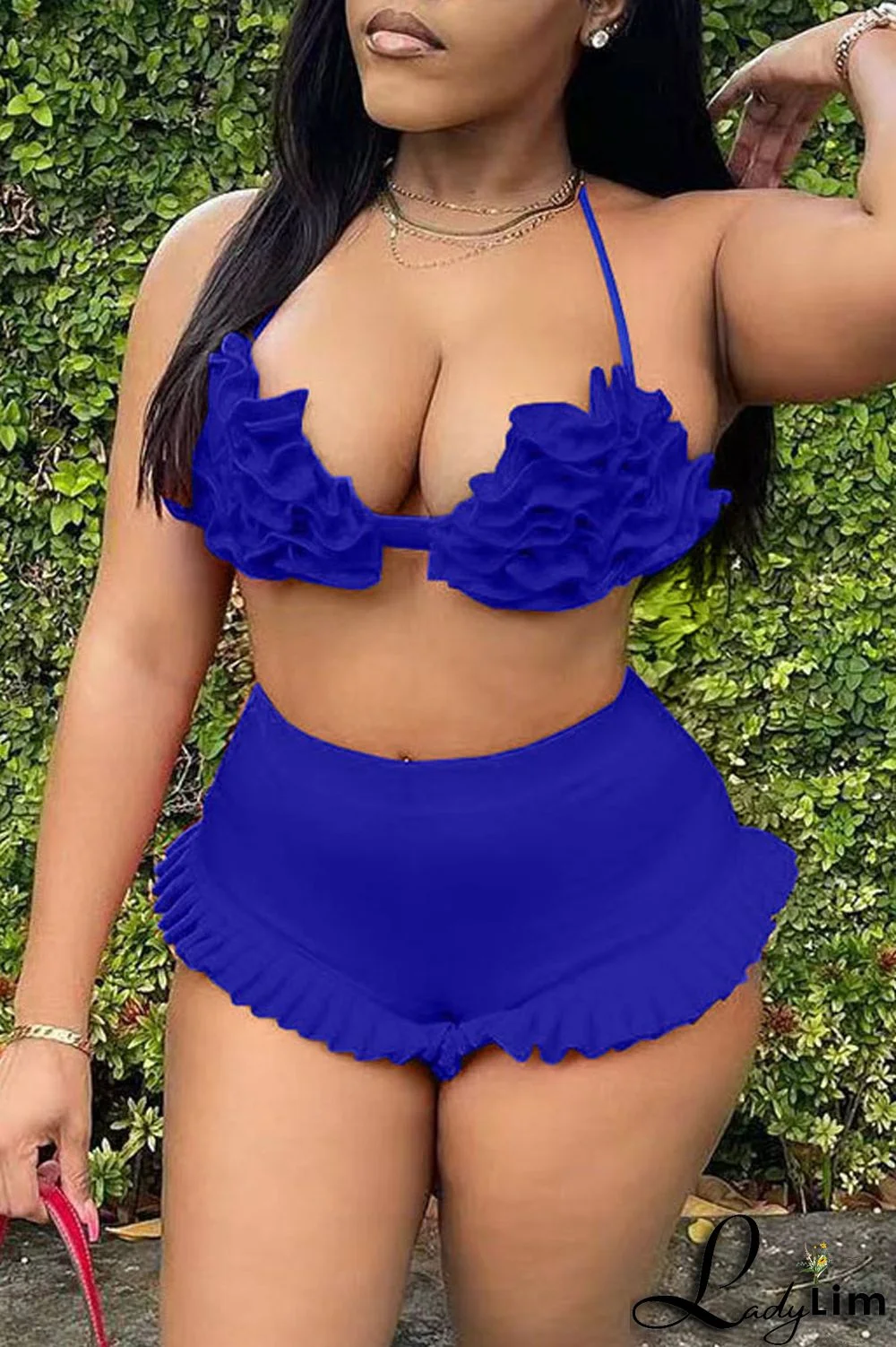 Pink Sexy Solid Split Joint Halter Sleeveless Two Pieces