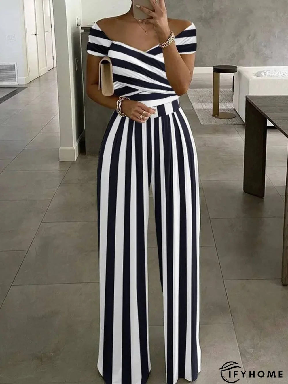 Striped Print Off Shoulder Wide Leg Jumpsuits | IFYHOME