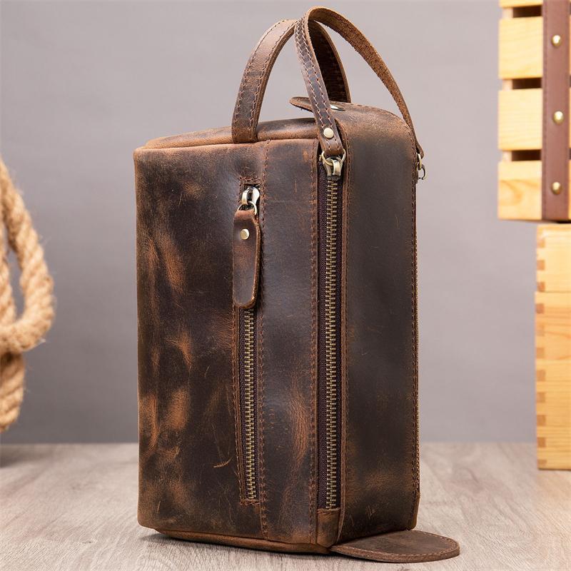 Men's Leather Retro Leather Clutch Large Capacity Wash Bag