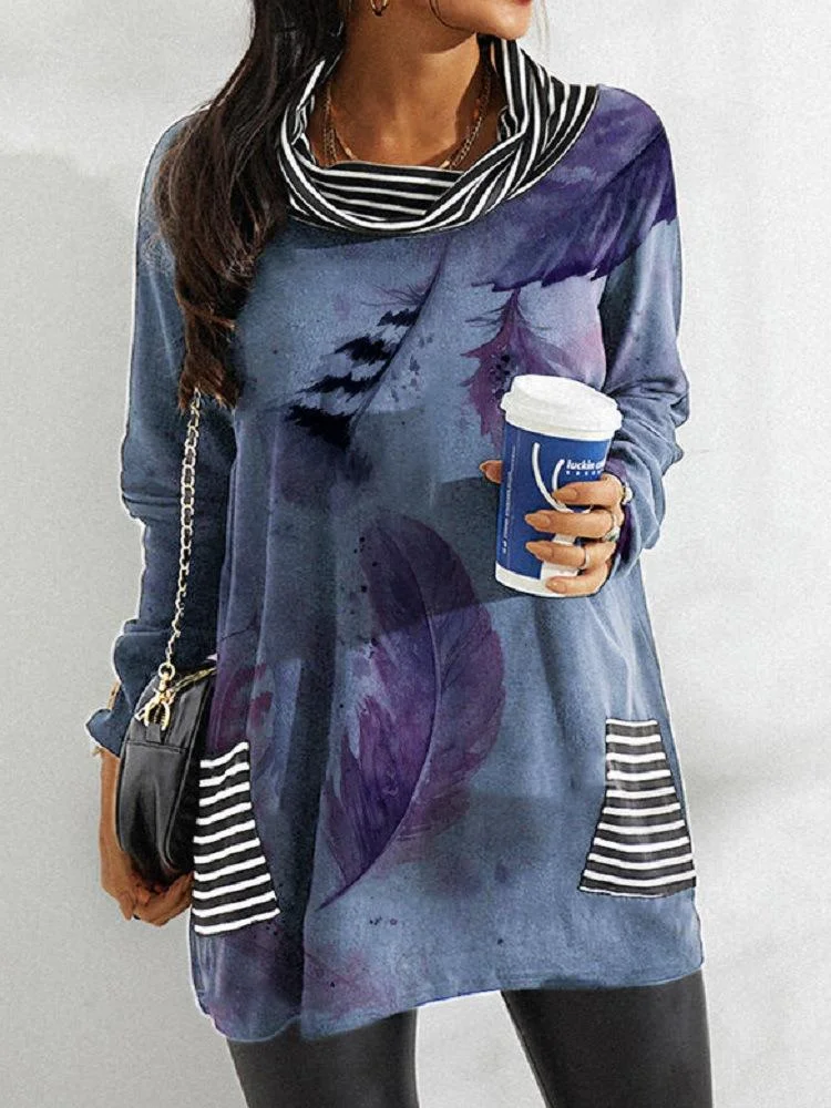 Women's Turtle Neck Long Sleeve Printed Tops