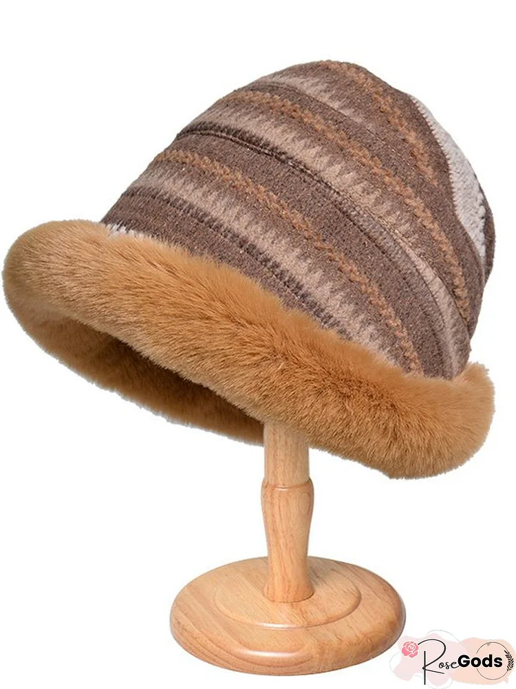 Casual Multicolor Striped Faux Fur Wide Brim Hat Beanie Daily Outdoor Accessories