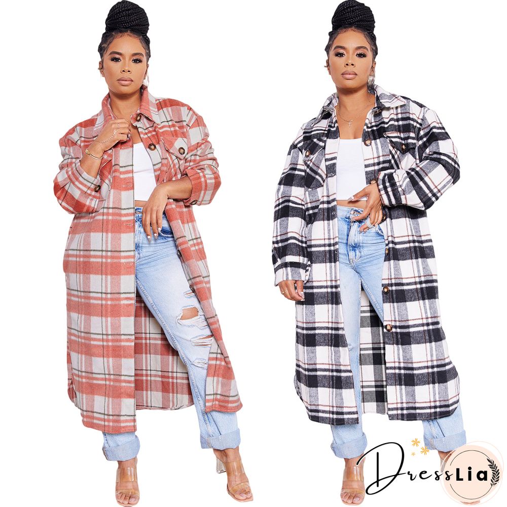 Classic Check Single-breasted Long Woolen Coat