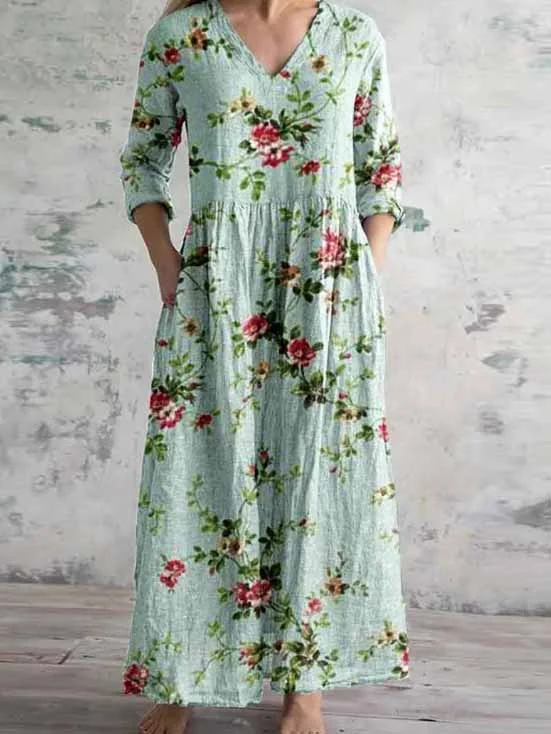 Women's 3/4 Sleeve V-neck Floral Printed Midi Dress