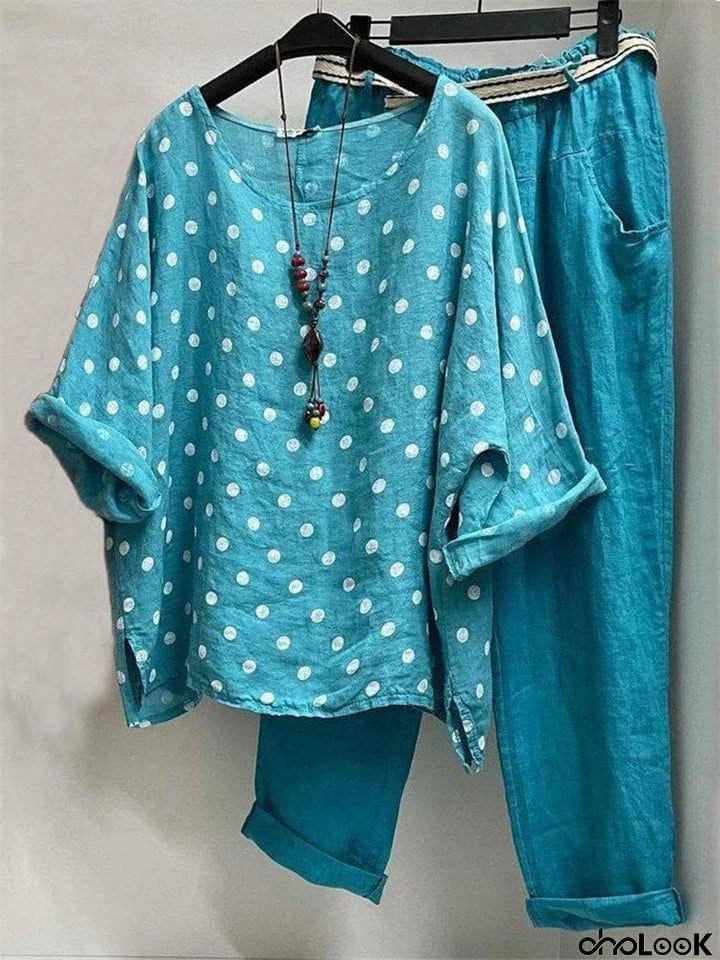 Women's Vintage Polka Dot Round Neck Shirt + Casual Pants