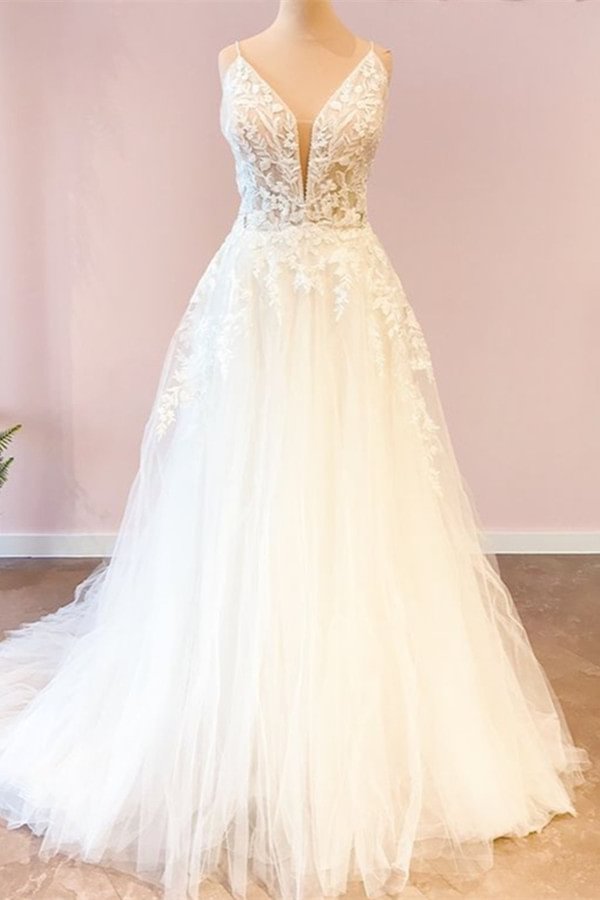 Modern Spaghetti Straps Sweetheart Floor-length Wedding Dress Tulle With A-Line | Ballbellas Ballbellas
