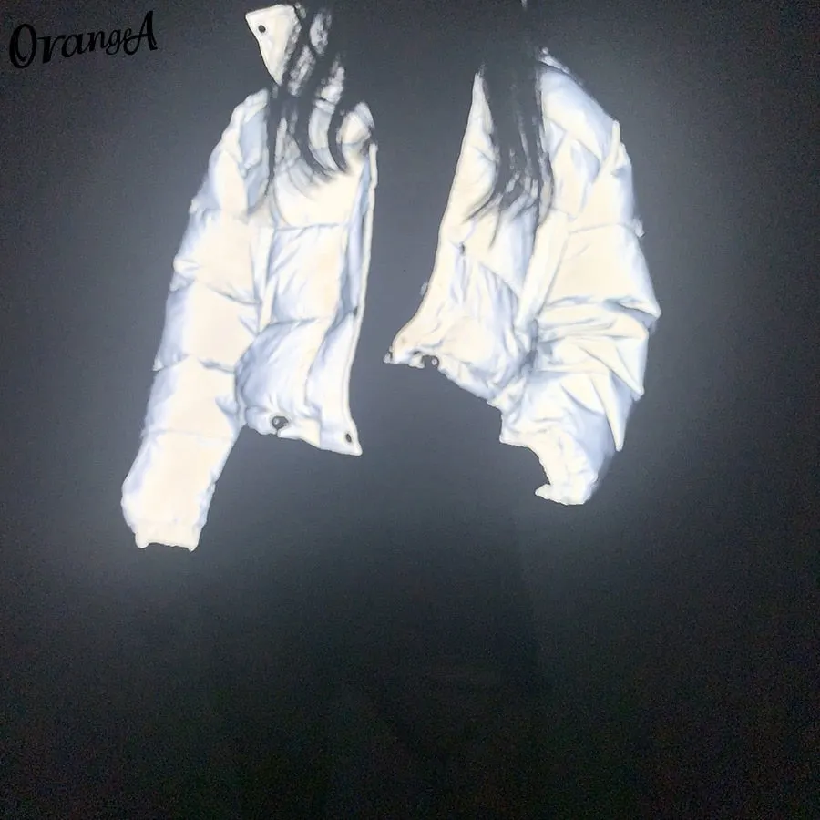 OrangeA fashion winter reflective short warm jacket coats outerwear Summer turtleneck casual parka party zipper slim streetwear