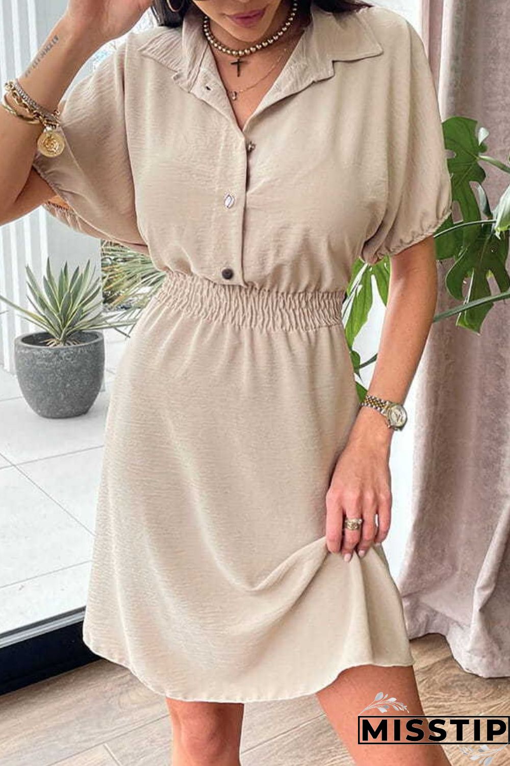 Brown Casual Solid Patchwork Turndown Collar Short Sleeve Dress