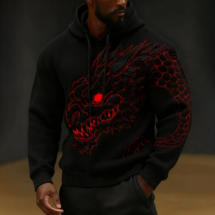 Men's Vintage Dragon Pattern Art Cozy Hooded