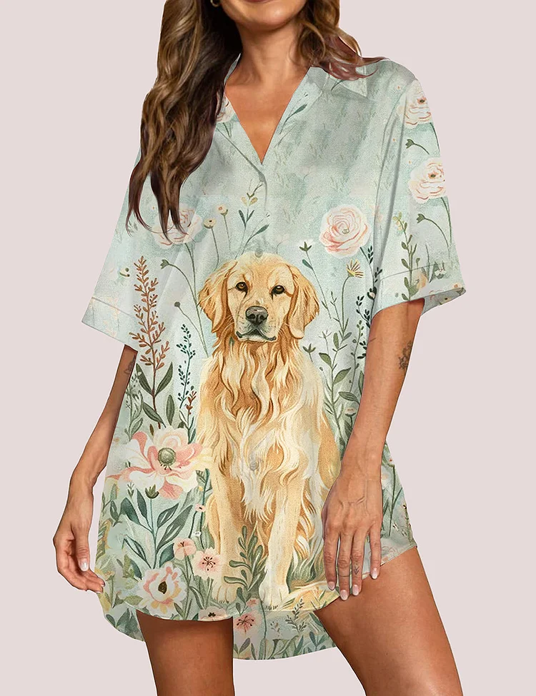 Women's Dog Golden Retriever Flower Pajama Dress