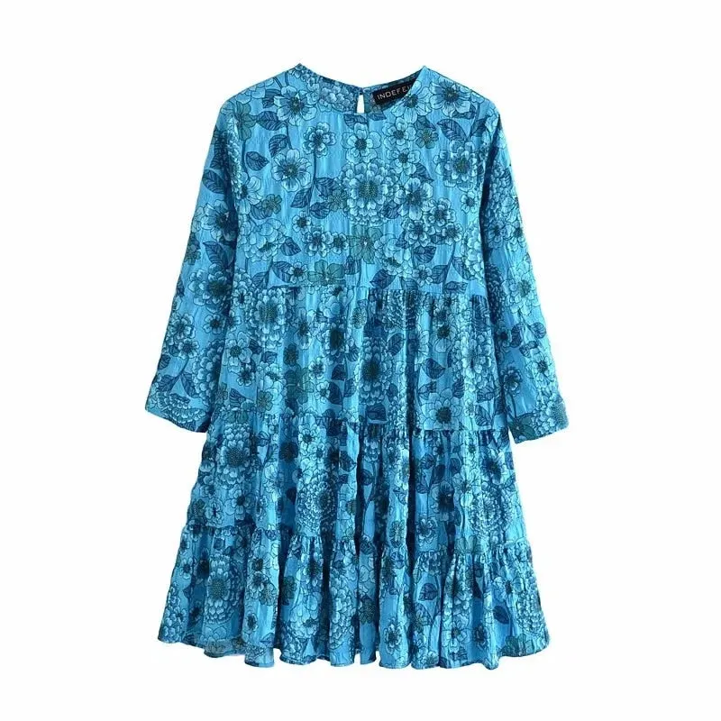 Za Womens Dresses Robe Femme Floral Printed Mini Dress O neck Long Sleeves High Waist Vestidos Vintage Princess Sweet Femme trf
