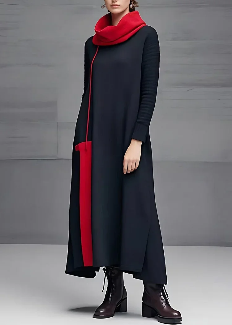 Casual Black Turtleneck Cotton Long Dresses Long Sleeve Fall