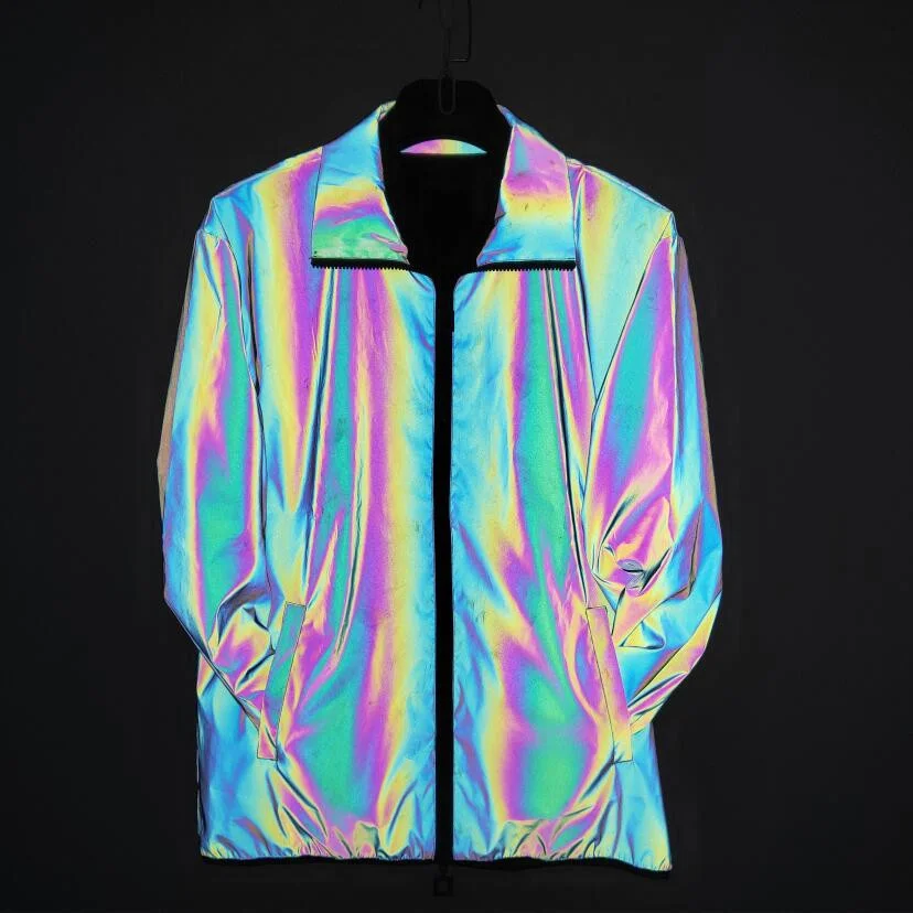 Toloer Autumn And Winter Men And Women Dazzle Colour Reflective Lapel Collar Jacket Nightclub Tide Colorful Night Light Windbreaker Outdoor Casual Work Jacket-Outfit Ideas