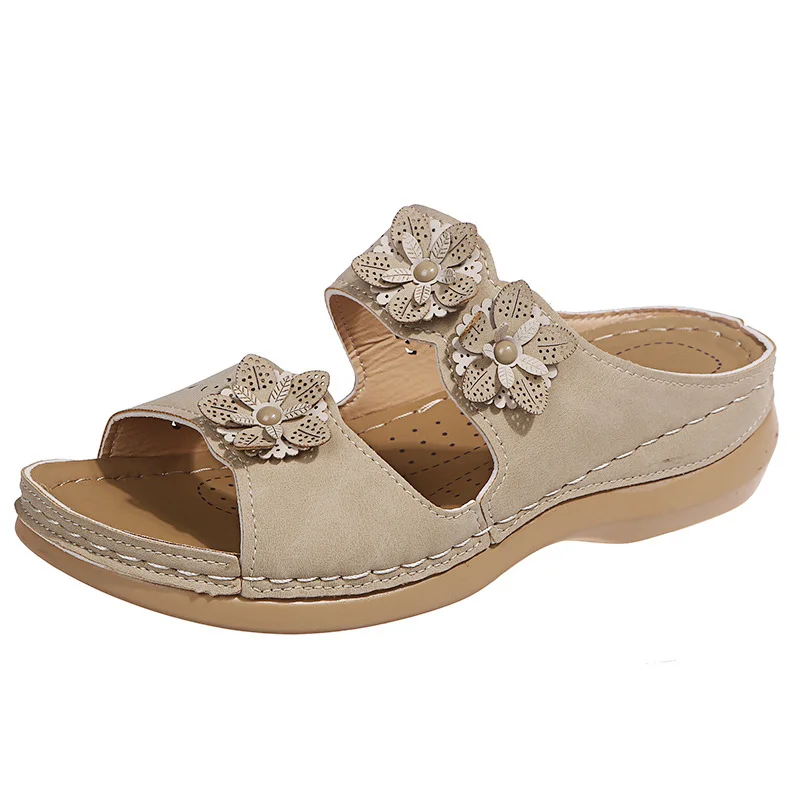 Qengg Summer New Flower Car Sewing Solid Light Mouth Round Head Casual Fashion Lady Flat Sandals