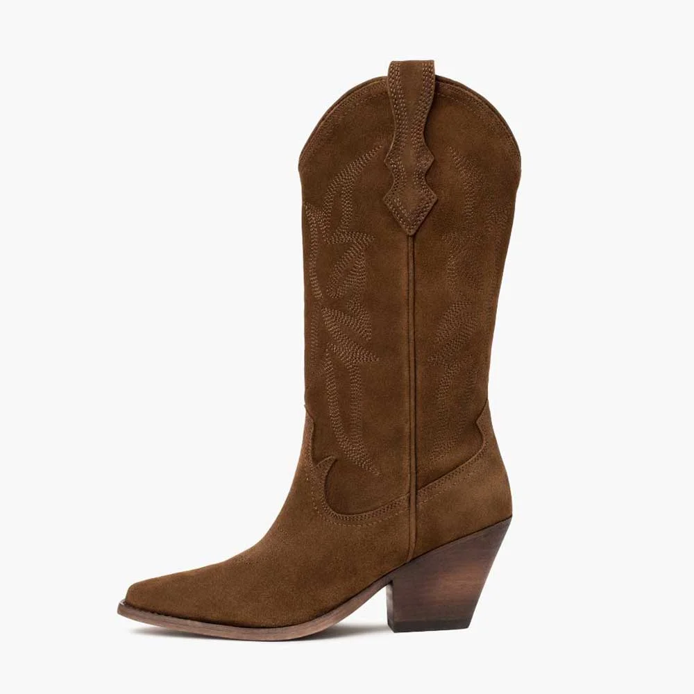 YDN Brown Pointed Toe Vegan Suede Chunky Heel Cowboy Boots for Women