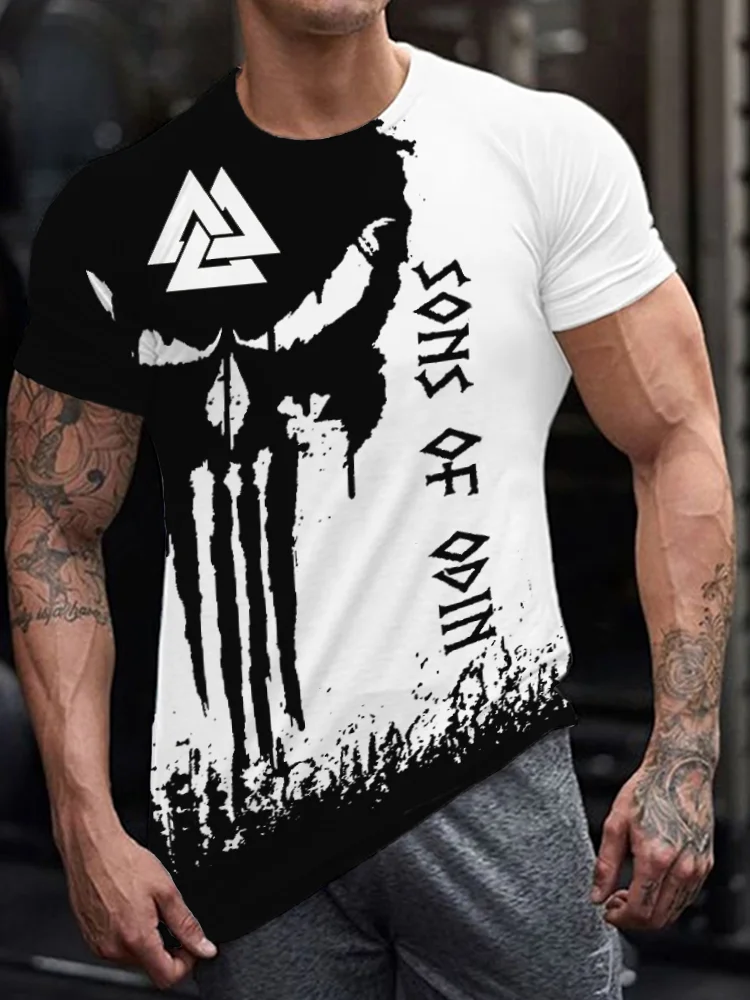BrosWear Men's Viking Symbol Valknut & Skull Short Sleeve T Shirt