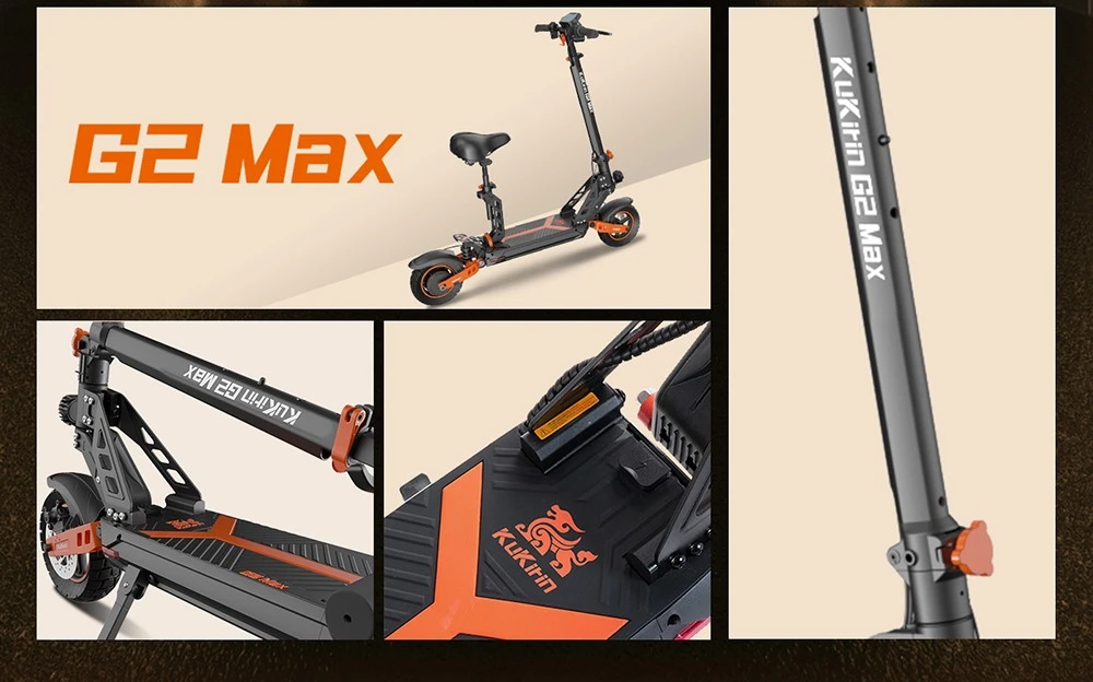 KuKirin G2 Max 电动滑板车,10 英寸越野轮胎,1000W 电机,最高时速 55 公里/小时,48V 20Ah 电池,续航里程 80 公里,最大载重 120 公斤,可拆卸座椅,高度可调节