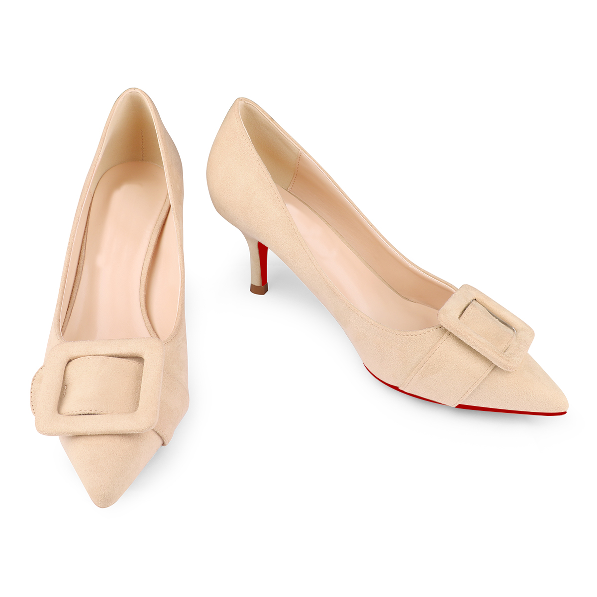 60mm Pointed Toe Square Buckle Decoration Red Bottom Kitten Heels Daily Pumps for Women Suede-MERUMOTE