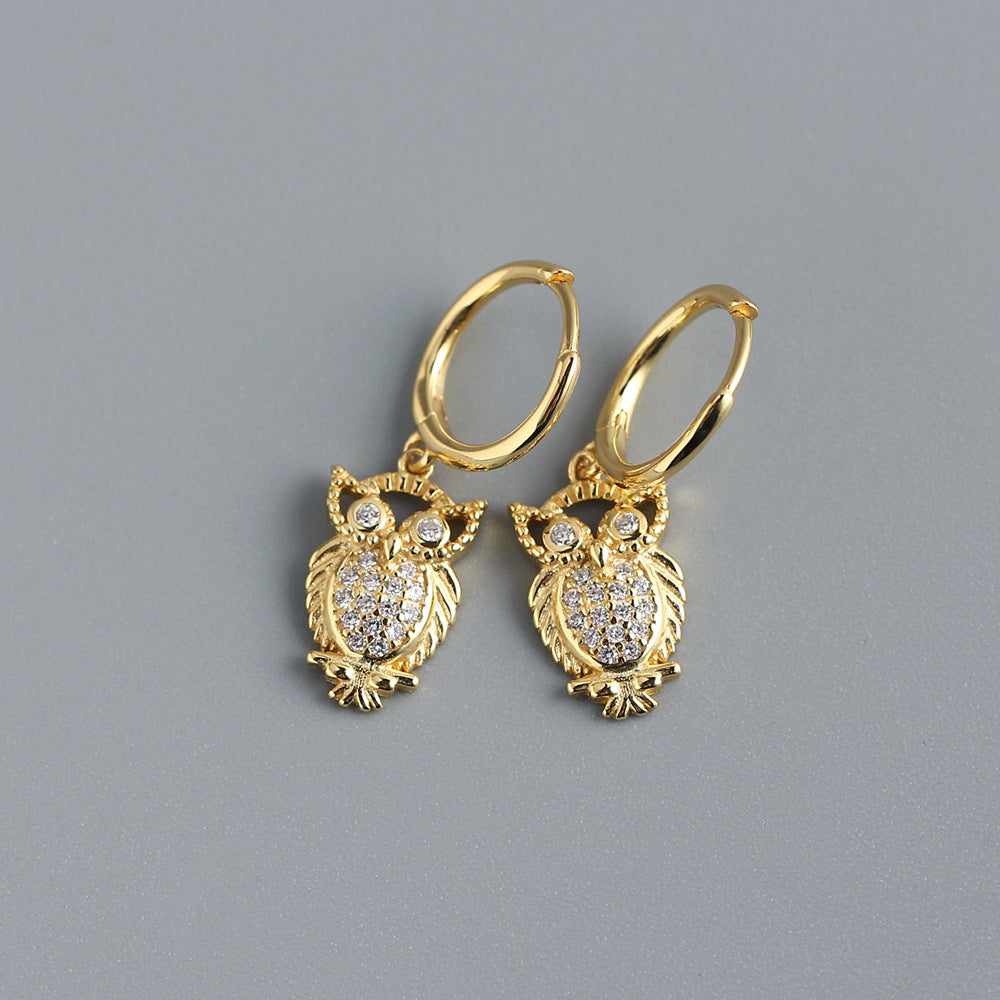 925 Sterling Silver Niche Owl Chinese Zodiac Animal Silver Diamond Inlay Stud Earrings