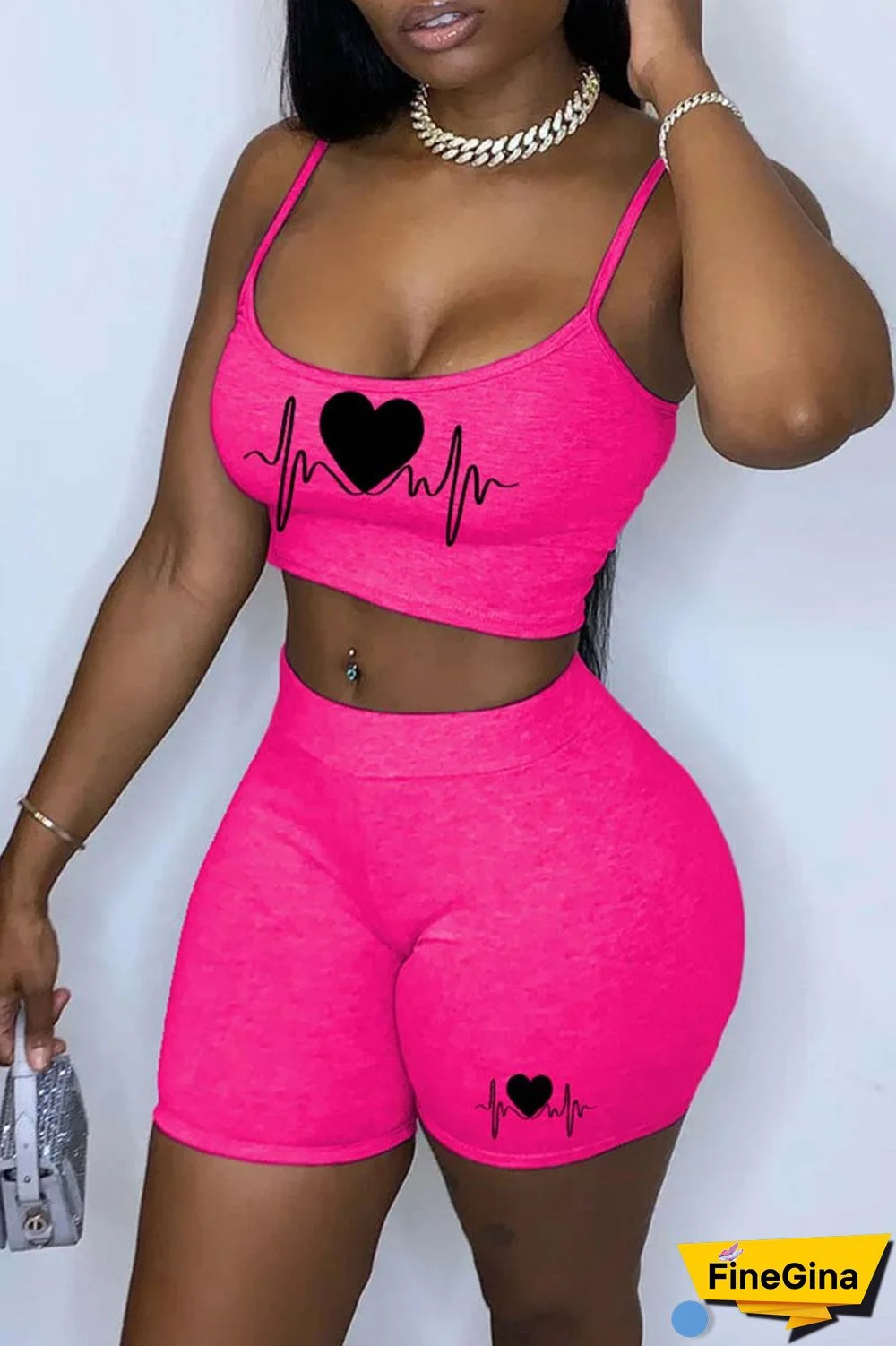 Rose Red Sexy Casual Print Backless Spaghetti Strap Sleeveless Two Pieces
