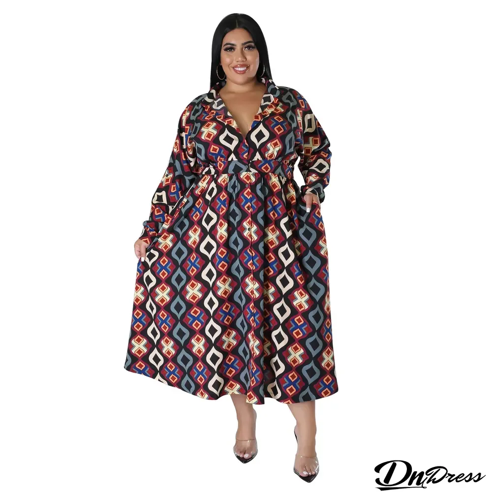 Africa Plus Size Women's Fashion Print Sexy V-Neck Long Sleeve Slim Waist Maxi Dress