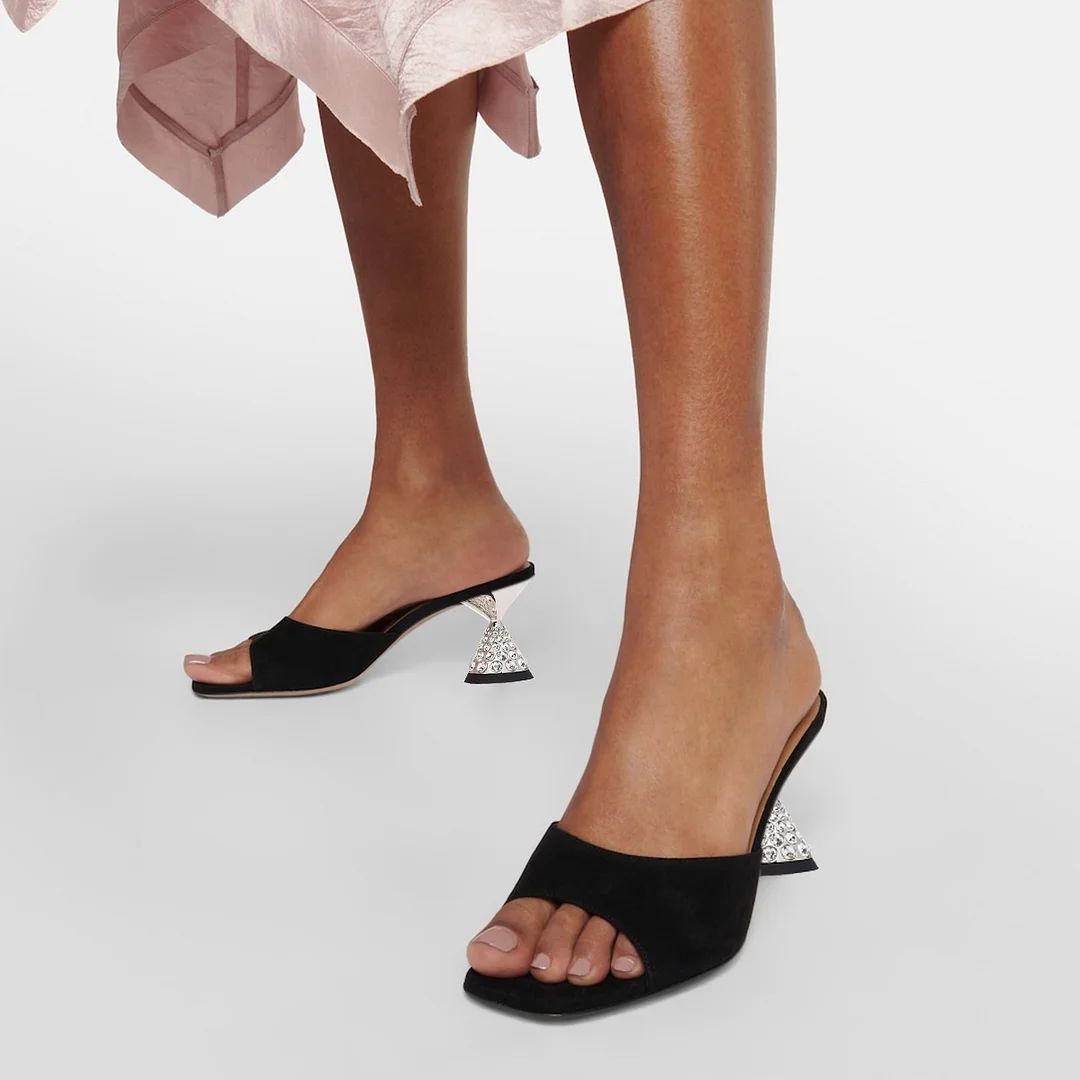 Elegant Black Open Square Toe Rhinestone Embellished Mule Heels