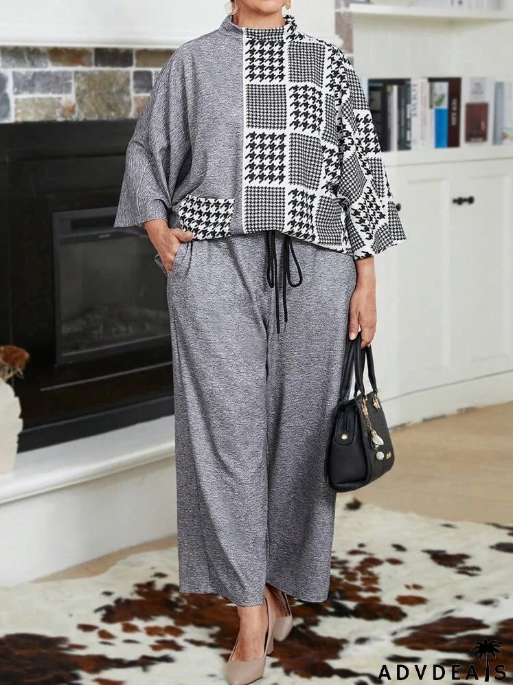 Plus Size Solid Color Splice Stand Collar Long Sleeve Top And Front Tie Loose Pants 2 Piece Set, Casual