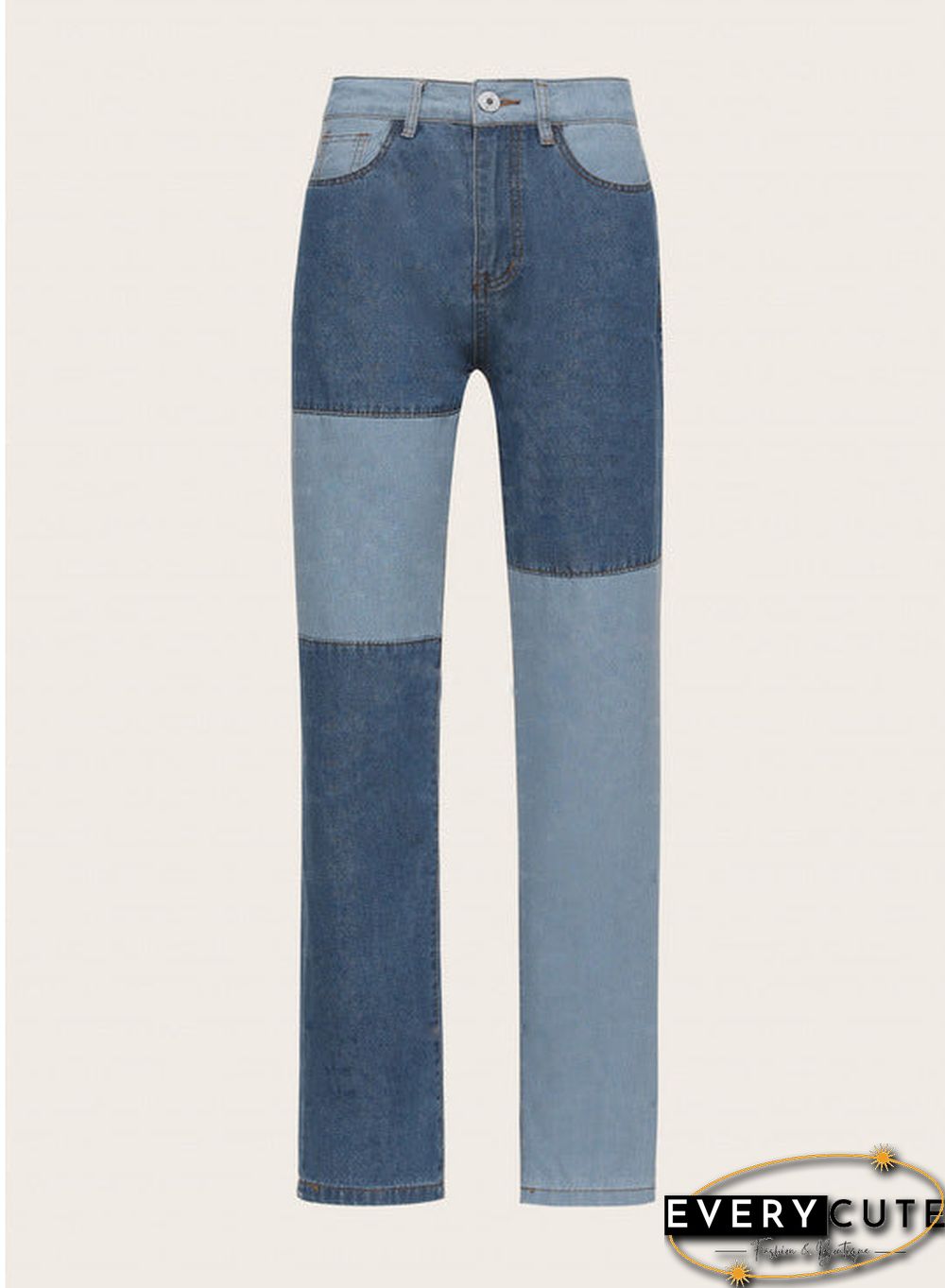 Patchwork Stitch Color Block Slim Fit Straight Leg Jeans Ripped Denim Pants