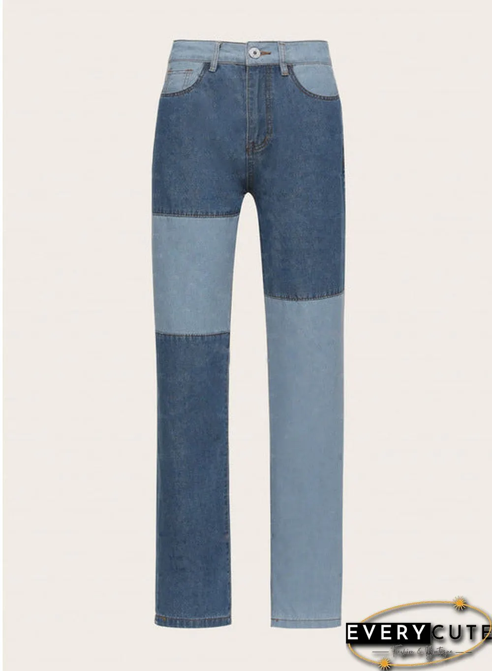 Patchwork Stitch Color Block Slim Fit Straight Leg Jeans Ripped Denim Pants