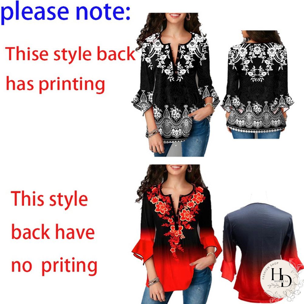 Womens Autumn Fashion Clothes Elegant V-Neck Tunic Tops Casual 3/4 Sleeve Printing Blouse Shirt Plus Size Loose Streetwear Pullover T-shirts XS-8XL