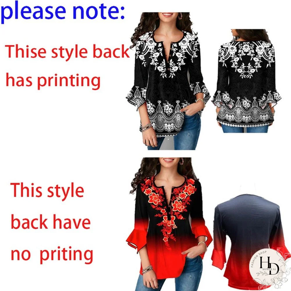 Womens Autumn Fashion Clothes Elegant V-Neck Tunic Tops Casual 3/4 Sleeve Printing Blouse Shirt Plus Size Loose Streetwear Pullover T-shirts XS-8XL
