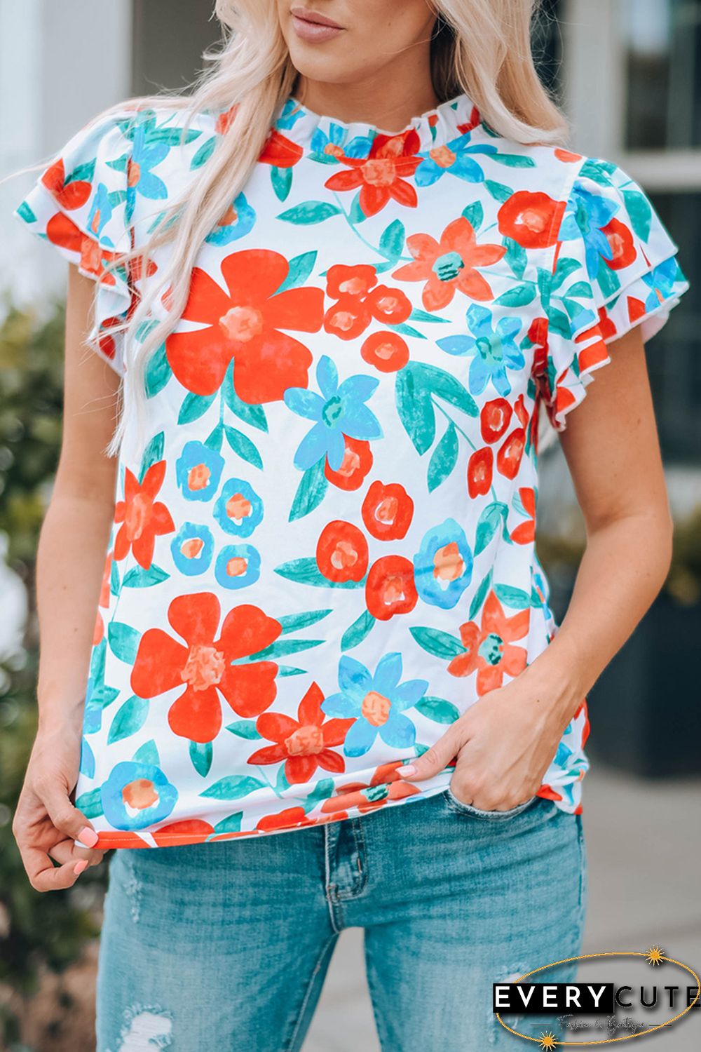 White Floral Print Frilled Neck Ruffled Sleeve Top