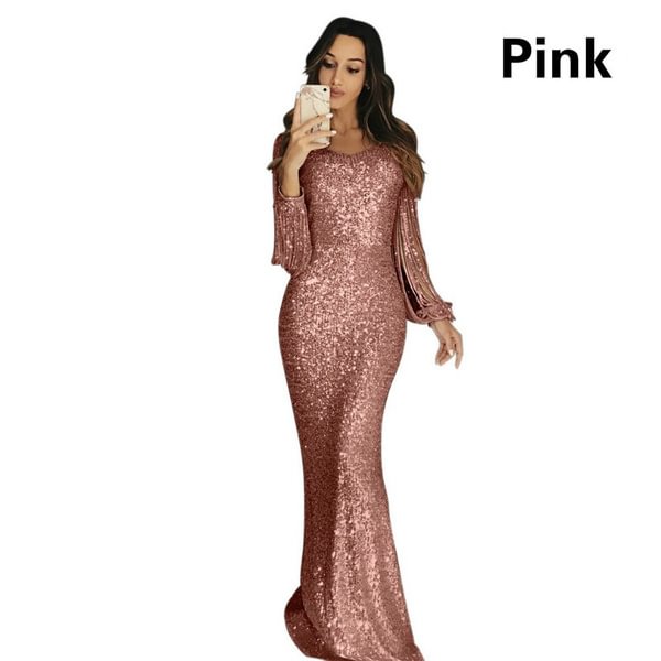 Luxurious Round Neck Bling Prom Dress Long Sleeve Tassel Charming Sequins Mermaid Evening Dress Party Dress Stage Performance Clothing - Shop Trendy Women's Fashion | TeeYours