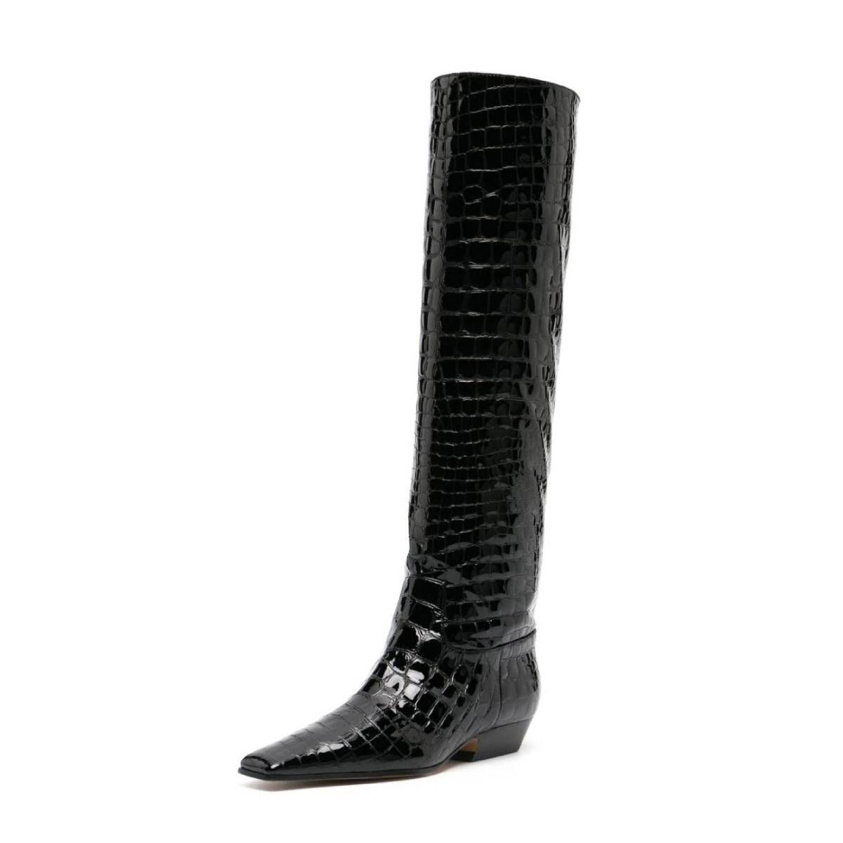 Black Crocodile Embossed Knee High Heeled Boots with Square Toe Nicepairs