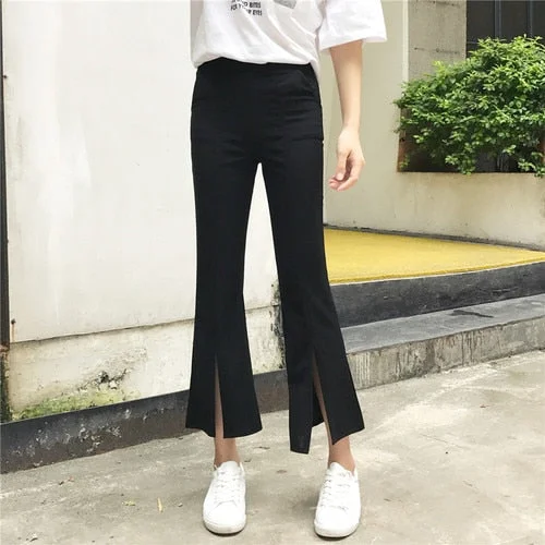 Pants Women Solid Color Ankle-Length Elastic Waist High Womens Flare Trousers Pockets Simple Elegant Slim Leisure Korean Style