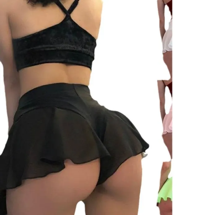 Churchf Women's High-Waisted Lotus Leaf Side Transparent Short Skirt Lined With Mini Tight-Fitting Bikini Pouting Fitness Shorts