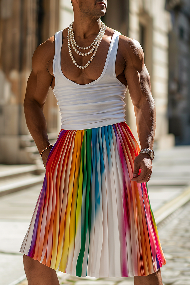 Ciciful Rainbow Gradient Print Pleated Festival Midi Skirt