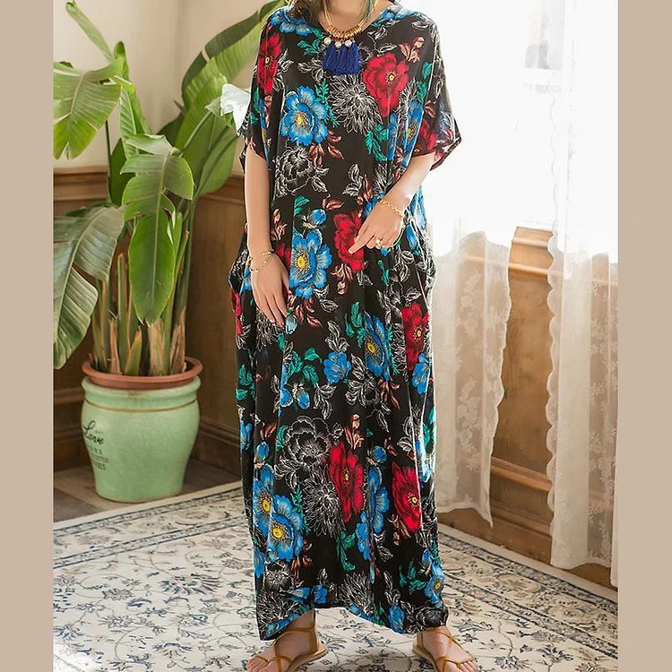 Women o neck pockets quilting clothes Runway floral Art Dress