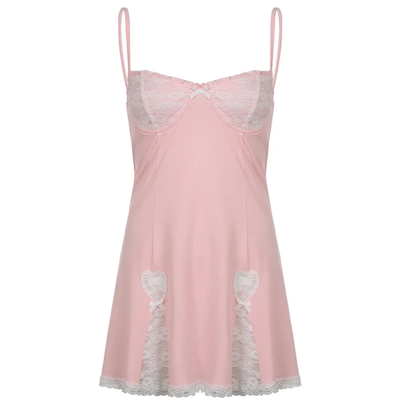 Rapcopter Y2K Lace Frill Mini Dress Bow Cute Sweet Strap Dress Women Vintage Drawstring Backless Party Short Sundress Aesthetic